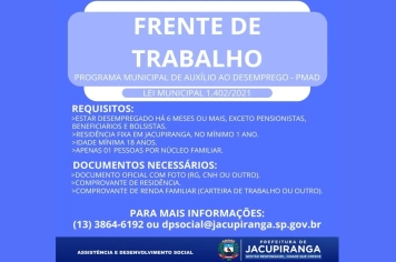 Atenção, inscrição para o PMAD – Frente de Trabalho!